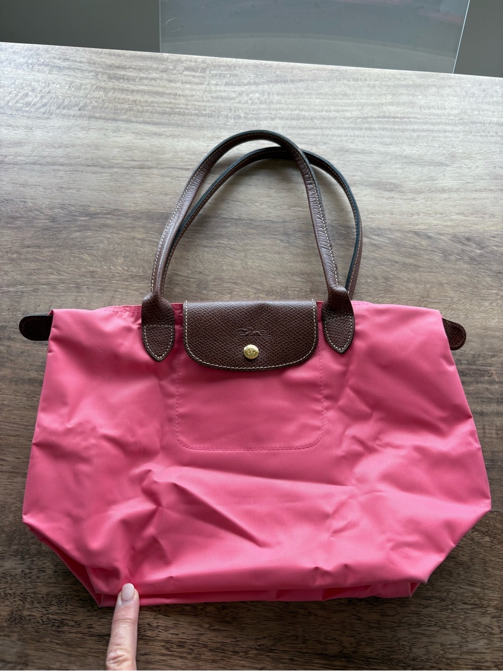Longchamp Le Pliage Pink/Coral Nylon Tote with Brown Leather Trim
